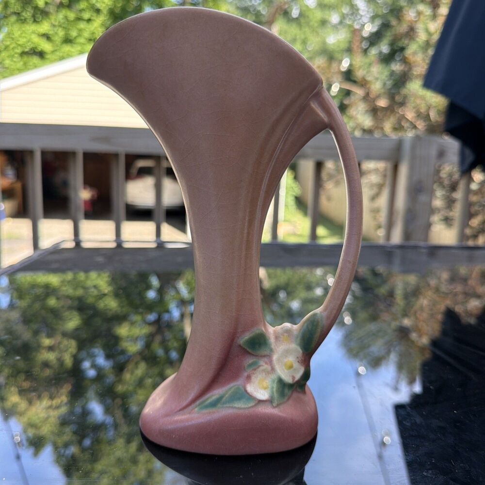 Vintage Roseville Pottery Mock Orange Pink Vase Cornucopia Shape 973-8